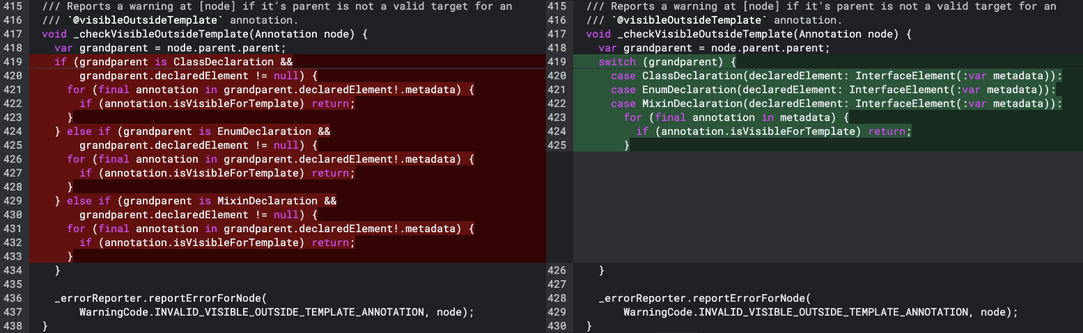 Diff of a Dart 3 refactor using functional style features within Dart’s internal code base