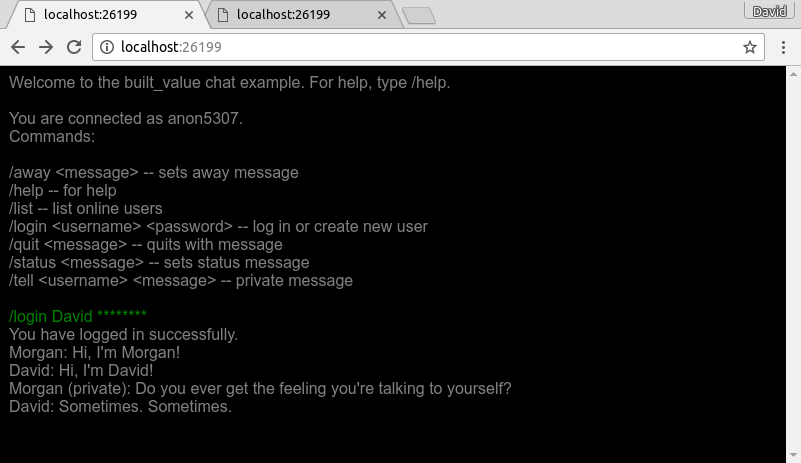 The built_value chat example in action.